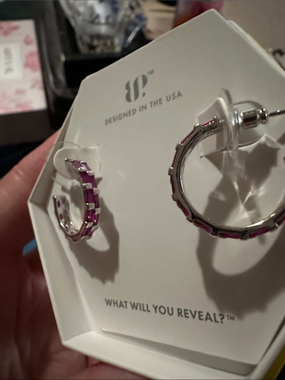 NWT Bomb Party rhodium Hoop Earrings with lab created ruby Crystals